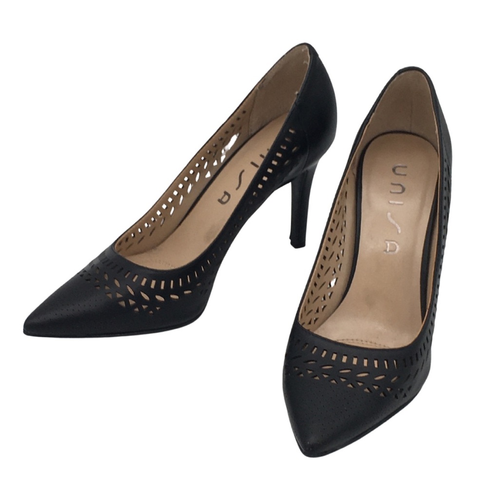 Unisa Black Faux Leather Stiletto Laser Cut Point Toe Pump Heels size 7
